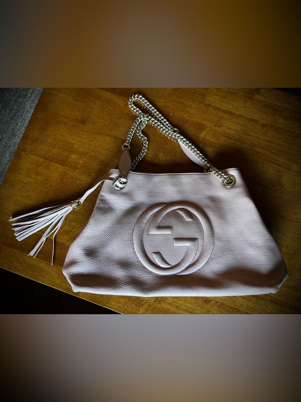 Gucci Pebbled Calfskin Medium Soho Chain Shoulder Bag in Antique Rose